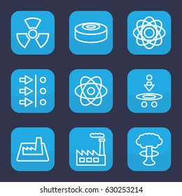 Nuclear icon. set of 9 outline nuclear icons such as factory, radiation, smoke bomb, atom, atom move