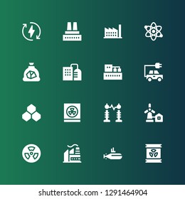 nuclear icon set. Collection of 16 filled nuclear icons included Radioactive, Submarine, Factory, Nuclear, Eolical, Electricity, Radioactivity, Benzene, Energy, Coal, Atom, Eco energy