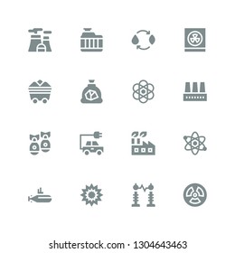 nuclear icon set. Collection of 16 filled nuclear icons included Radiation, Electricity, Explosion, Submarine, Atom, Factory, Energy, Missile, Atomic, Coal, Radioactivity, Radiator