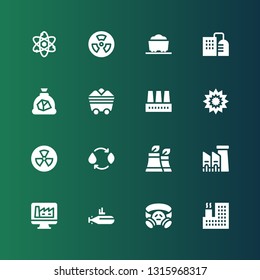 nuclear icon set. Collection of 16 filled nuclear icons included Factory, Gas mask, Submarine, Energy, Radiation, Explosion, Coal, Nuclear, Atom