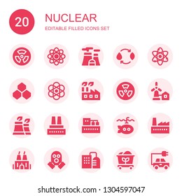 nuclear icon set. Collection of 20 filled nuclear icons included Radiation, Atom, Nuclear plant, Energy, Benzene, Atomic, Factory, Eolical, Submarine, Gas mask, Coal