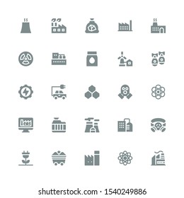 nuclear icon set. Collection of 25 filled nuclear icons included Factory, Atom, Coal, Renewable energy, Gas mask, Nuclear plant, Radiator, Atomic, Benzene, Energy, Missile, Eolical