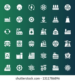 nuclear icon set. Collection of 36 filled nuclear icons included Physics, Factory, Missile, Atom, Energy, Coal, Radiator, Nuclear, plant, Radiation, Radioactivity, Gas mask
