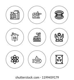Nuclear icon set. collection of 9 outline nuclear icons with atom, factory, energy, magnetic field, nuclear, submarine icons. editable icons.