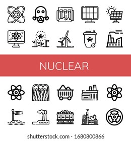 nuclear icon set. Collection of Atom, Quantum, Gas mask, Radioactive, Hydro power, Wind energy, Solar energy, Factory, Wind socket, Industry, Coal, Atomic icons