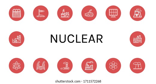 nuclear icon set. Collection of Hydro power, Wind socket, Coal factory, Submarine, Solar energy, Nuclear plant, Atomic energy, Factory, Industry, Atom, Power plant icons