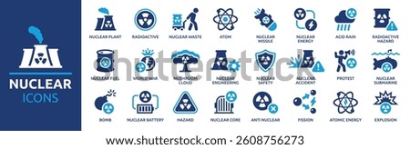 Nuclear icon set. Containing radioactive, nuclear plant, atom, nuclear bomb, hazard, radiation, atomic energy and more. Solid vector icons collection.