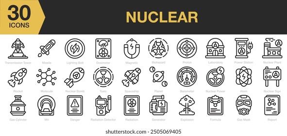 Nuclear icon set. Includes mri, generator, formula, proton, magnetic, and More. Outline icons vector collection.