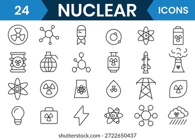 Nuklear-Ikonensatz. Atomenergie, Kraftwerke, Strahlungssymbole. Strahlungssymbol und -zeichen. Enthaltend radioaktive, Atom, Atombombe, Gefahr, Strahlung, Kernkraftwerk, Atomenergie-Symbol. Vektorgrafik.
