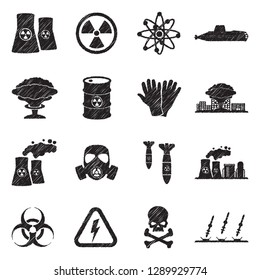 Nuclear Icons. Black Scribble Design. Vector Illustration.
