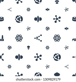 nuclear icons pattern seamless white background. Included editable filled atom fusion, atom move, nuclear explosion, atom, factory, smoke bomb icons. nuclear icons for web and mobile.