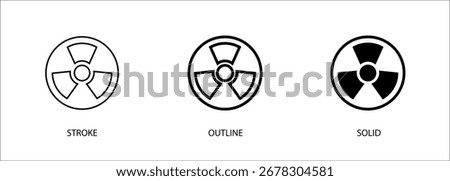 Nuclear icons for radiation, danger warning, nuclear weapons, nuclear power. Vector stroke, outline and solid icons. Eps10 file.