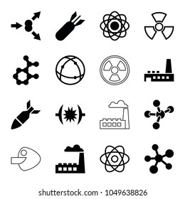 Nuclear icons. set of 16 editable filled and outline nuclear icons such as atom, atom move, factory, rocket bomb, radiation, pressure