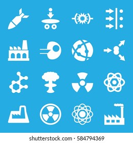 nuclear icons set. Set of 16 nuclear filled icons such as atom, factory, rocket bomb, radiation, atom move, pressure, core