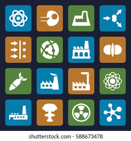 nuclear icons set. Set of 16 nuclear filled icons such as factory, atom, rocket bomb, atom fusion, atom move, core, radiation