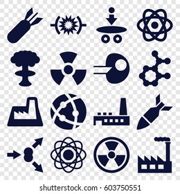 Nuclear icons set. set of 16 nuclear filled icons such as atom, factory, rocket bomb, radiation, atom move, pressure, core
