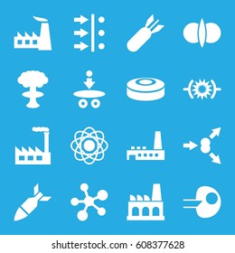 Nuclear icons set. set of 16 nuclear filled icons such as factory, rocket bomb, smoke bomb, atom fusion, atom move, pressure, core, atom