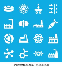 Nuclear icons set. set of 16 nuclear filled icons such as factory, atom, rocket bomb, smoke bomb, atom fusion, atom move