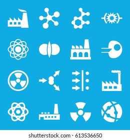 Nuclear icons set. set of 16 nuclear filled icons such as factory, atom, radiation, atom fusion, atom move, pressure