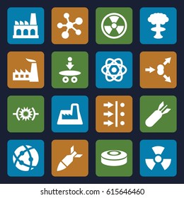 Nuclear icons set. set of 16 nuclear filled icons such as factory, atom, rocket bomb, radiation, smoke bomb, atom move, pressure