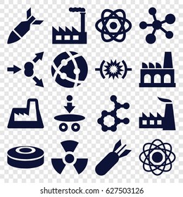 Nuclear icons set. set of 16 nuclear filled icons such as factory, atom, rocket bomb, radiation, smoke bomb, atom move