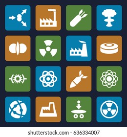 Nuclear icons set. set of 16 nuclear filled icons such as factory, atom, rocket bomb, radiation, smoke bomb, atom fusion, atom move, pressure