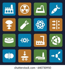 Nuclear icons set. set of 16 nuclear filled icons such as atom, factory, rocket bomb, smoke bomb, atom fusion, atom move, pressure, radiation