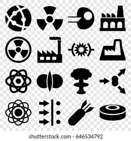 Nuclear icons set. set of 16 nuclear filled icons such as atom, factory, rocket bomb, radiation, smoke bomb, atom fusion, atom move, pressure, core