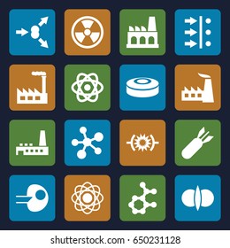 Nuclear icons set. set of 16 nuclear filled icons such as factory, rocket bomb, smoke bomb, atom, atom fusion, atom move, pressure, core
