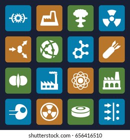 Nuclear icons set. set of 16 nuclear filled icons such as atom, factory, rocket bomb, radiation, smoke bomb, atom fusion, atom move, pressure, core