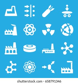 Nuclear icons set. set of 16 nuclear filled icons such as factory, atom, rocket bomb, radiation, smoke bomb