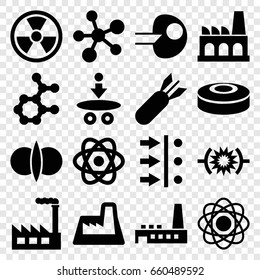 Nuclear icons set. set of 16 nuclear filled icons such as factory, rocket bomb, smoke bomb, atom, atom fusion, atom move, pressure, core