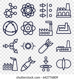 Nuclear icons set. set of 16 nuclear outline icons such as factory, atom, rocket bomb, atom fusion, atom move