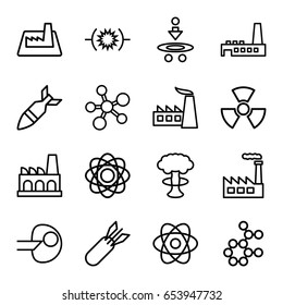 Nuclear icons set. set of 16 nuclear outline icons such as factory, rocket bomb, radiation, atom, pressure, core