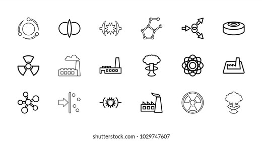 Nuclear icons. set of 18 editable outline nuclear icons: factory, atom, atom fusion, atom move, pressure, nuclear explosion, radiation
