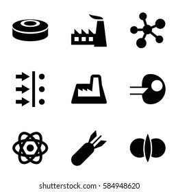 nuclear icons set. Set of 9 nuclear filled icons such as factory, rocket bomb, smoke bomb, atom, atom fusion, atom move