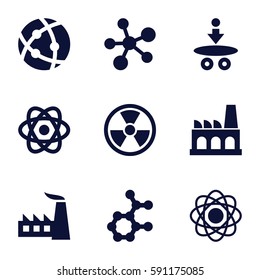 nuclear icons set. Set of 9 nuclear filled icons such as factory, atom