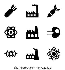 Nuclear icons set. set of 9 nuclear filled icons such as factory, rocket bomb, atom, pressure