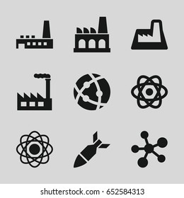 Nuclear icons set. set of 9 nuclear filled icons such as atom, factory