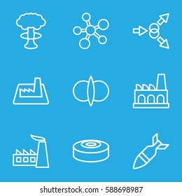 nuclear icons set. Set of 9 nuclear outline icons such as factory, rocket bomb, smoke bomb, atom fusion, atom move, atom