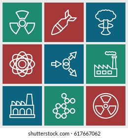 Nuclear icons set. set of 9 nuclear outline icons such as factory, rocket bomb, radiation, atom, atom move