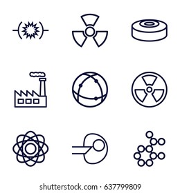 Nuclear icons set. set of 9 nuclear outline icons such as atom, radiation, smoke bomb, pressure, core