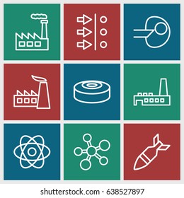 Nuclear icons set. set of 9 nuclear outline icons such as factory, rocket bomb, smoke bomb, atom, atom move
