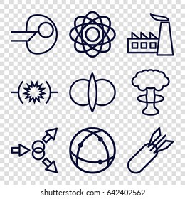 Nuclear icons set. set of 9 nuclear outline icons such as factory, atom, rocket bomb, atom fusion, atom move, pressure, core