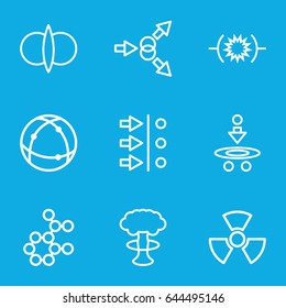 Nuclear icons set. set of 9 nuclear outline icons such as atom, radiation, atom fusion, atom move, pressure