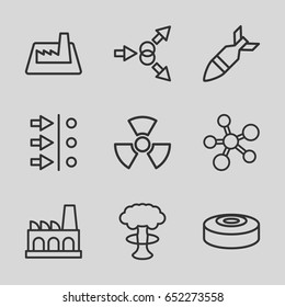 Nuclear icons set. set of 9 nuclear outline icons such as factory, rocket bomb, radiation, smoke bomb, atom move, atom