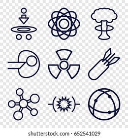 Nuclear icons set. set of 9 nuclear outline icons such as atom, rocket bomb, radiation, pressure, core