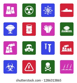 Nuclear Icons. White Flat Design In Square. Vector Illustration. 