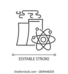 Nuclear industry linear icon. Atomic energy manufacturing technology thin line customizable illustration. Contour symbol. Modern power plant vector isolated outline drawing. Editable stroke