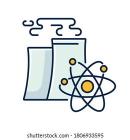 Nuclear industry RGB color icon. Atomic energy manufacturing technology. Modern power plant with nuclear reactor cooling chimney isolated vector illustration